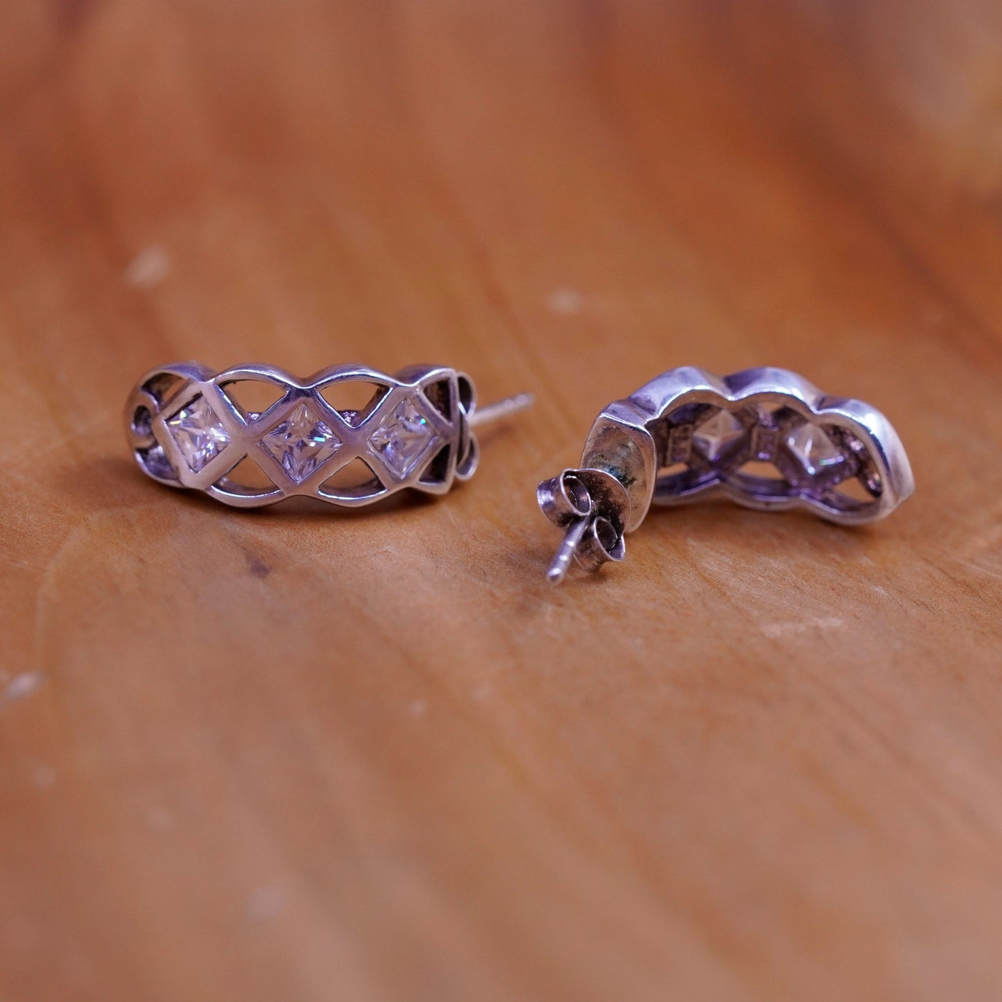 Vintage Sterling 925 silver huggie studs earrings with clear Cz