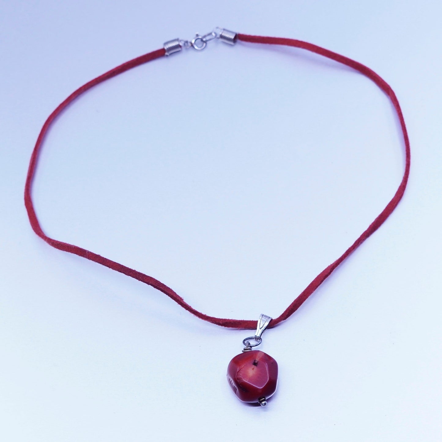 17”, Native American 925 Sterling Silver leather Necklace coral nugget pendant