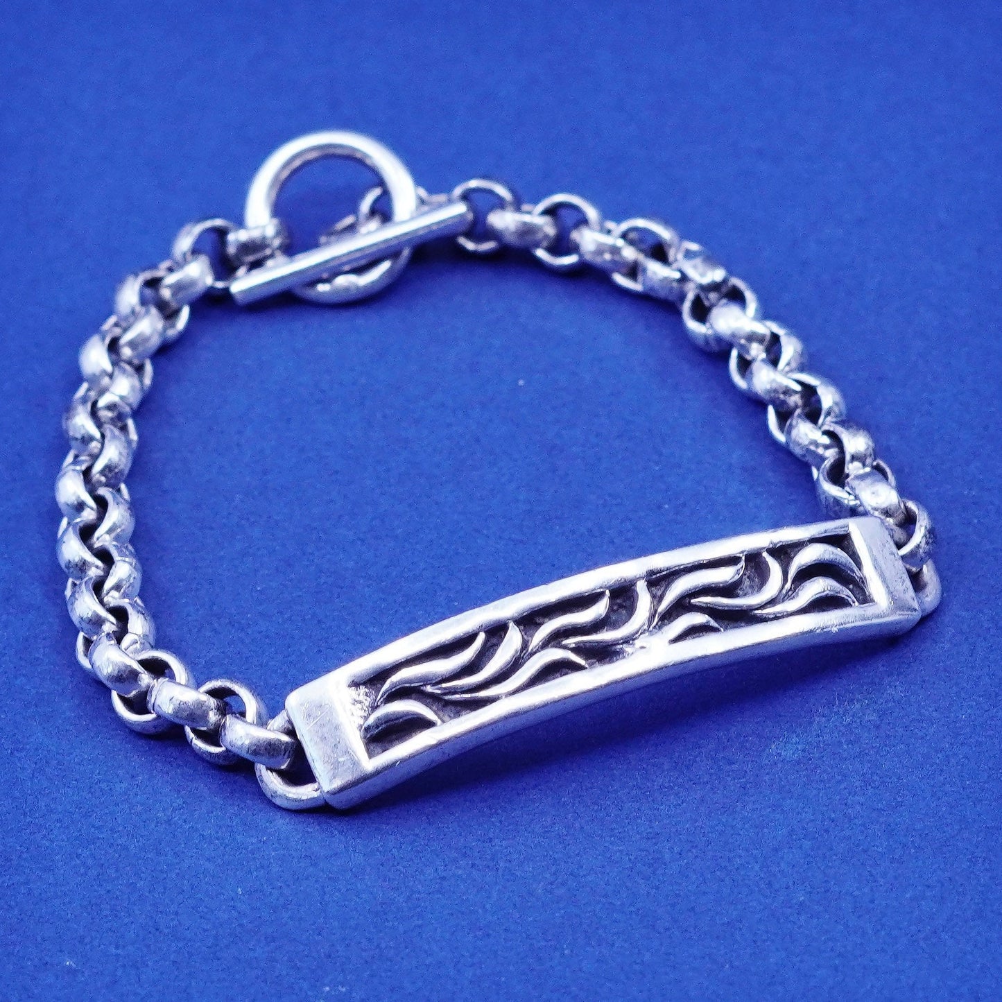 6.5”, 5mm, vintage handmade Sterling silver bracelet, circle chain with bar tag