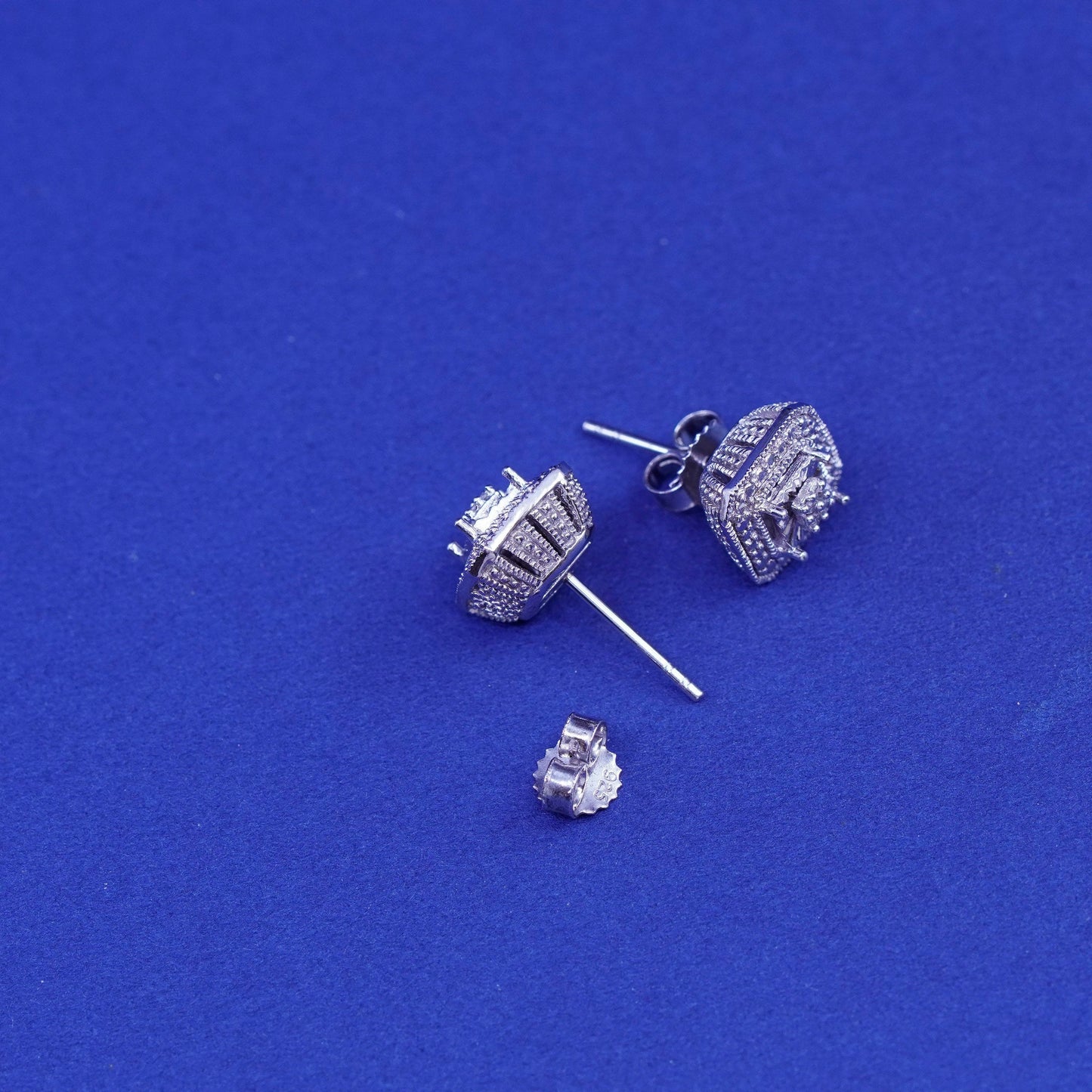 Vintage sterling silver handmade earrings, 925 studs with cluster diamond