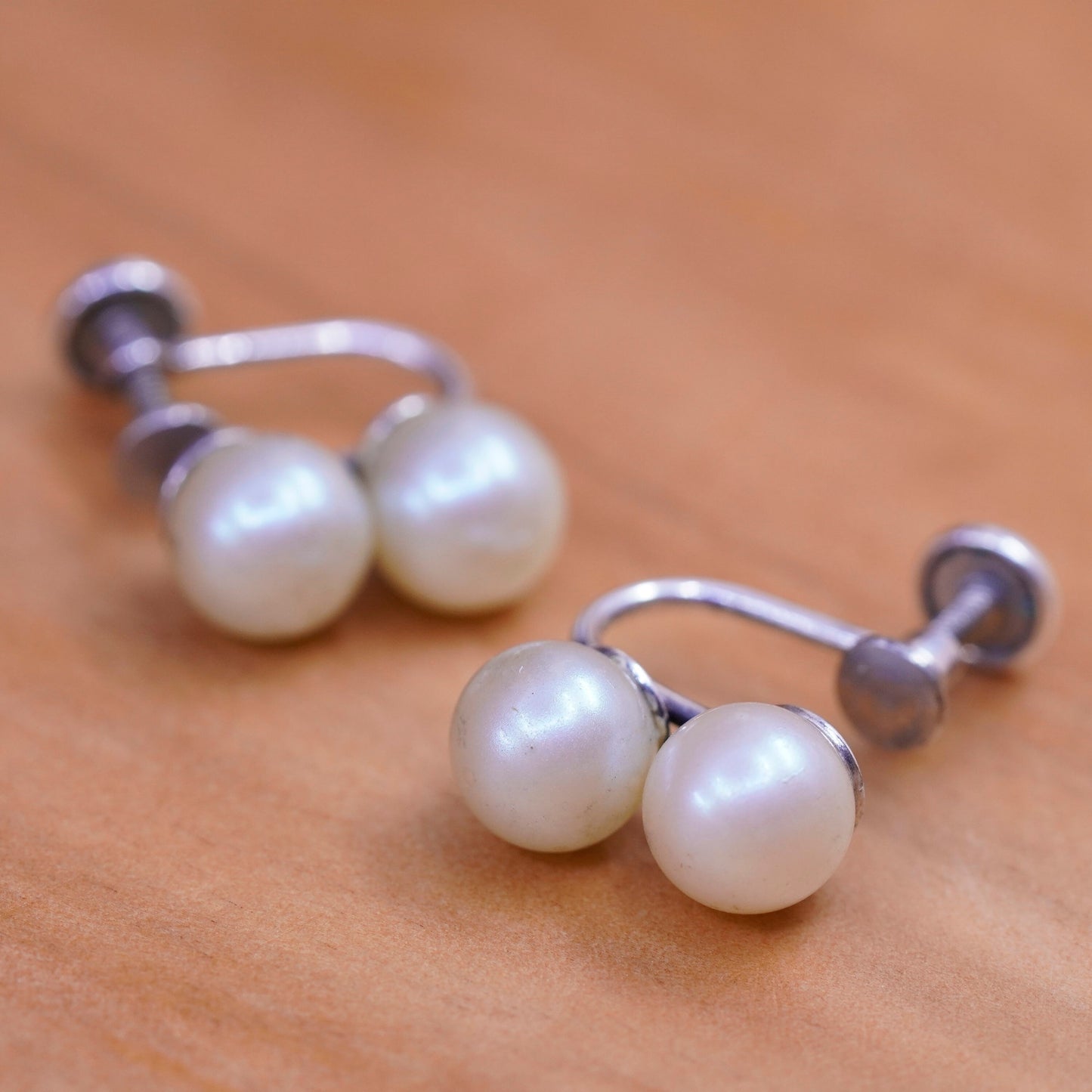 vtg Richelieu Sterling silver screw back handmade earrings, 925 pearl dangles