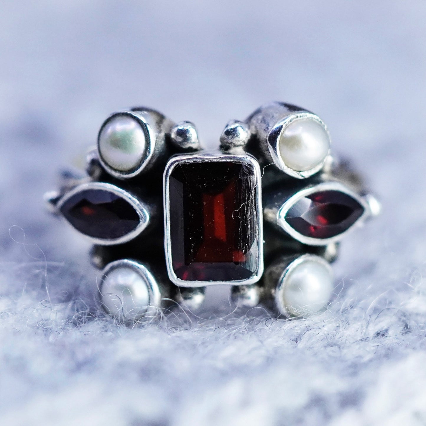 Size 6.25, vintage Sterling 925 silver handmade ring with ruby and pearl around