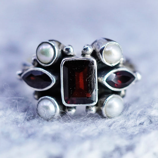 Size 6.25, vintage Sterling 925 silver handmade ring with ruby and pearl around
