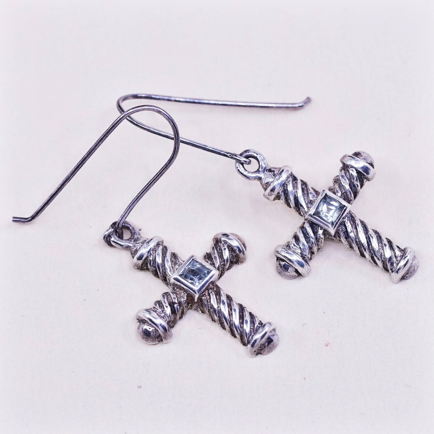 vtg Sterling silver handmade earrings, 925 silver twisted cross with topaz