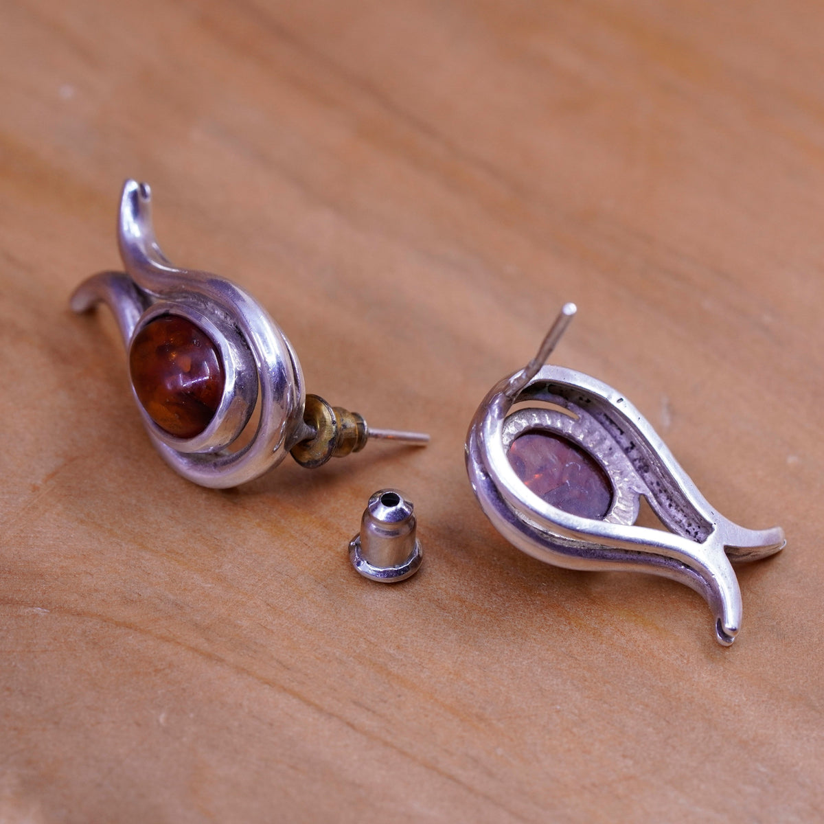 Vintage Sterling Silver Handmade earrings, 925 studs with amber, modernist