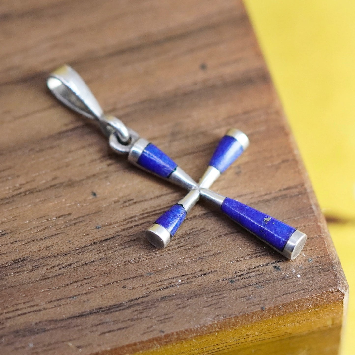 Vintage Sterling silver handmade pendant, 925 cross with lapis lazuli inlay