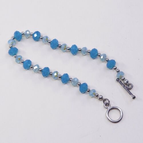 7.5”, Mexico Sterling 925 Silver Handmade Bead Bracelet, Blue Crystal beads