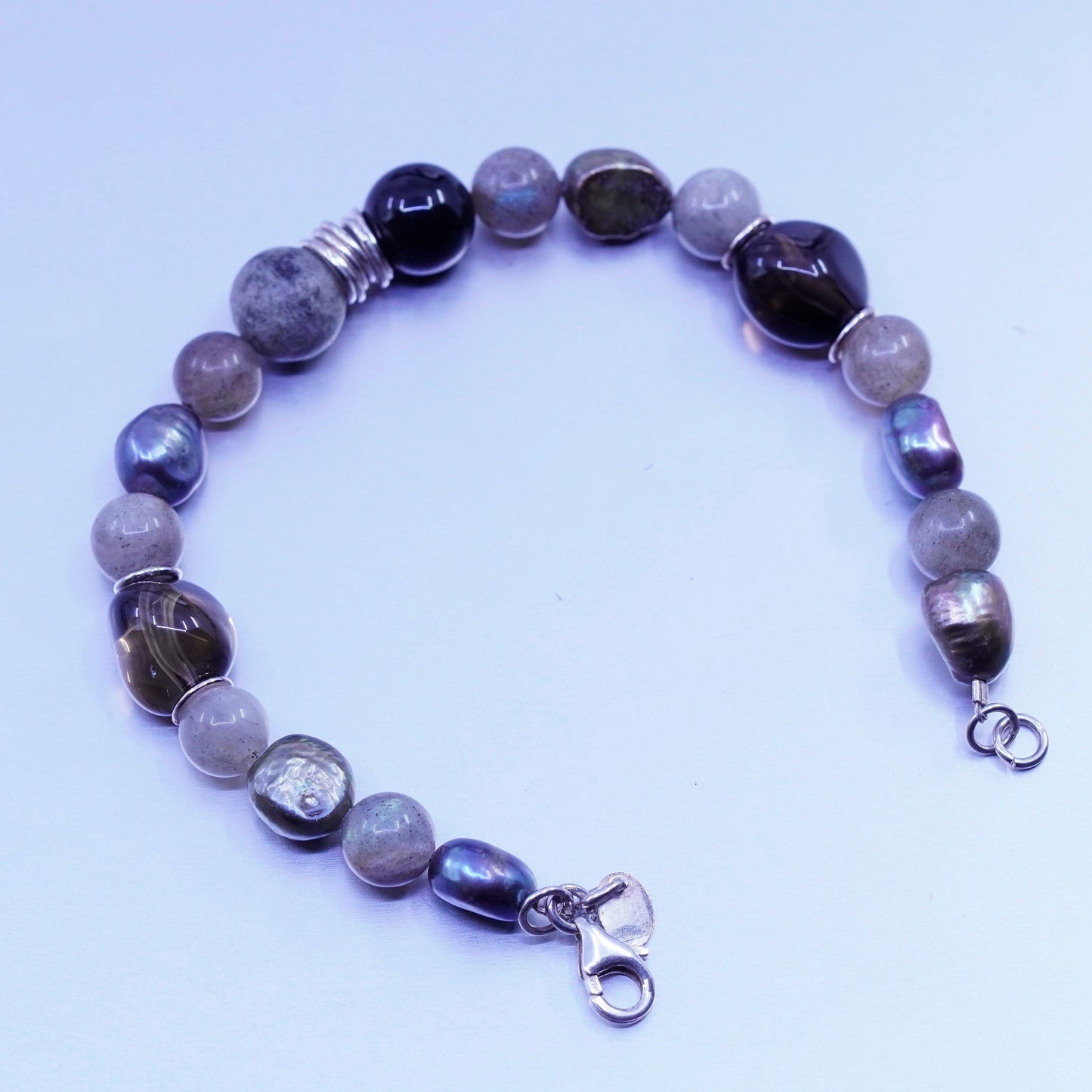 7”, QG Sterling 925 silver bracelet freshwater pearl, smoky topaz, labradorite