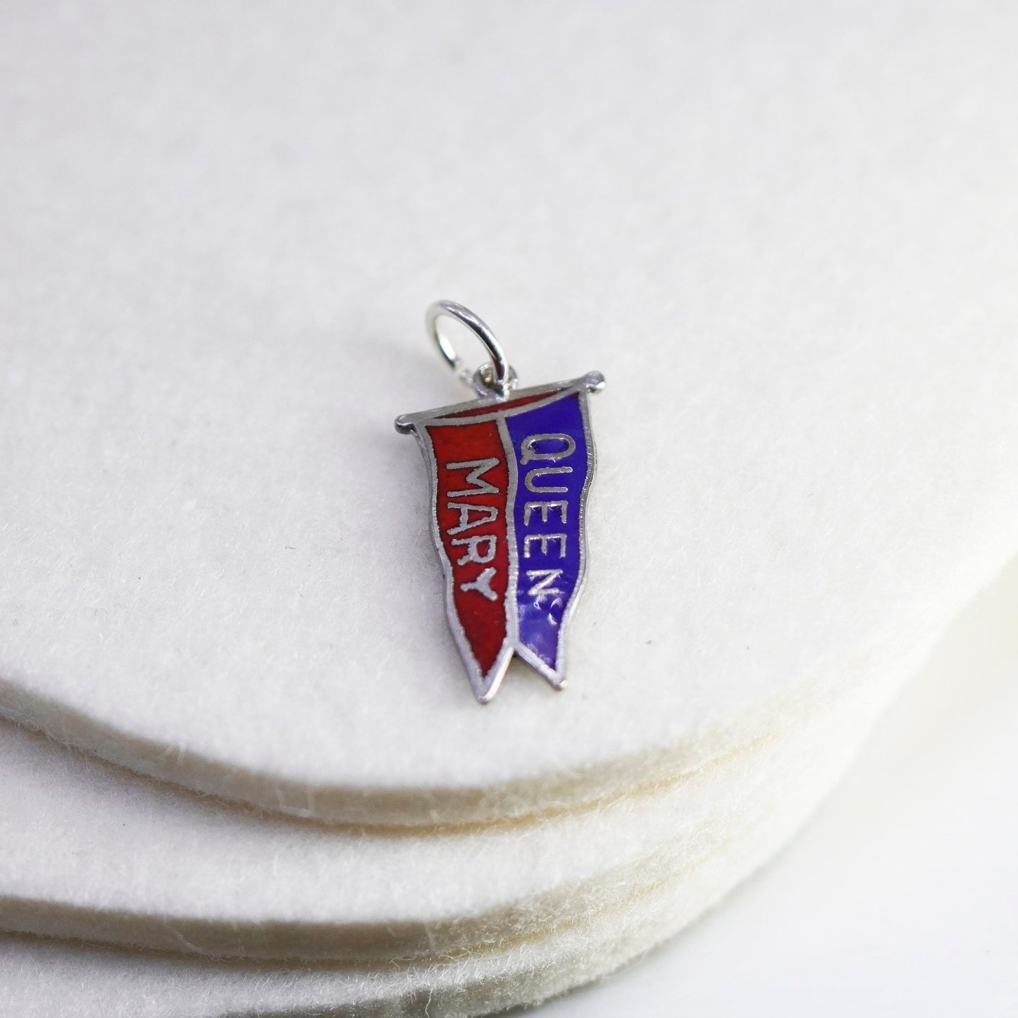 Vintage sterling 925 silver enamel charm with flag embossed “Queen Mary”