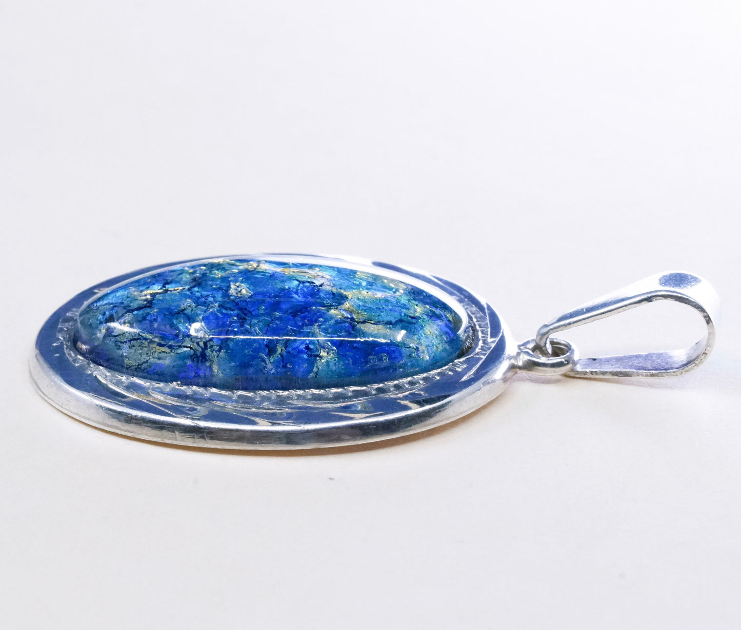 vtg JLR sterling silver w/ handmade oval shaped dichroic foiled glass pendant