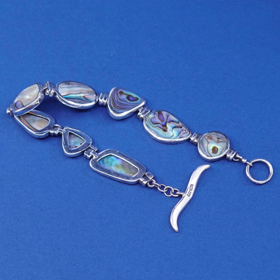 7”, vtg CFJ sterling silver handmade bracelet 925 w/ abalone and toggle closure