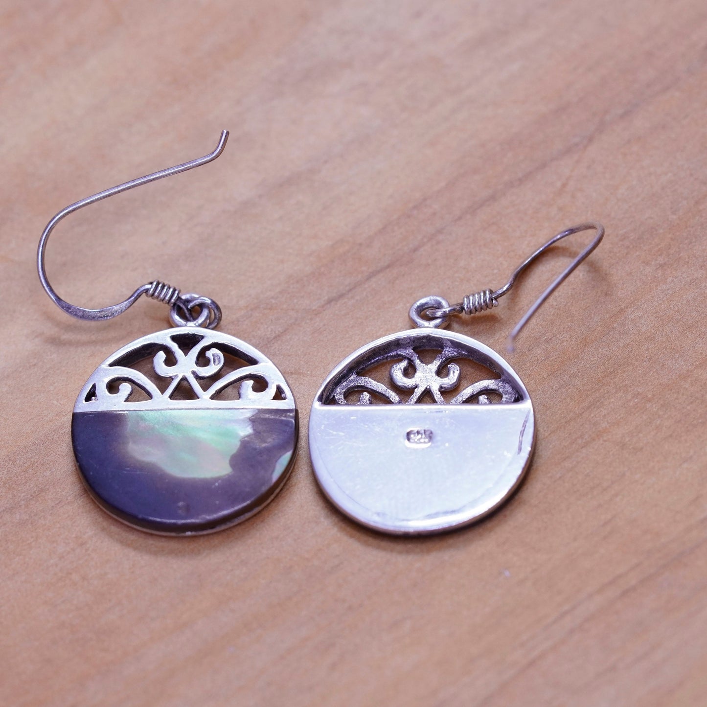 Vintage Sterling 925 silver handmade earrings with abalone and filigree