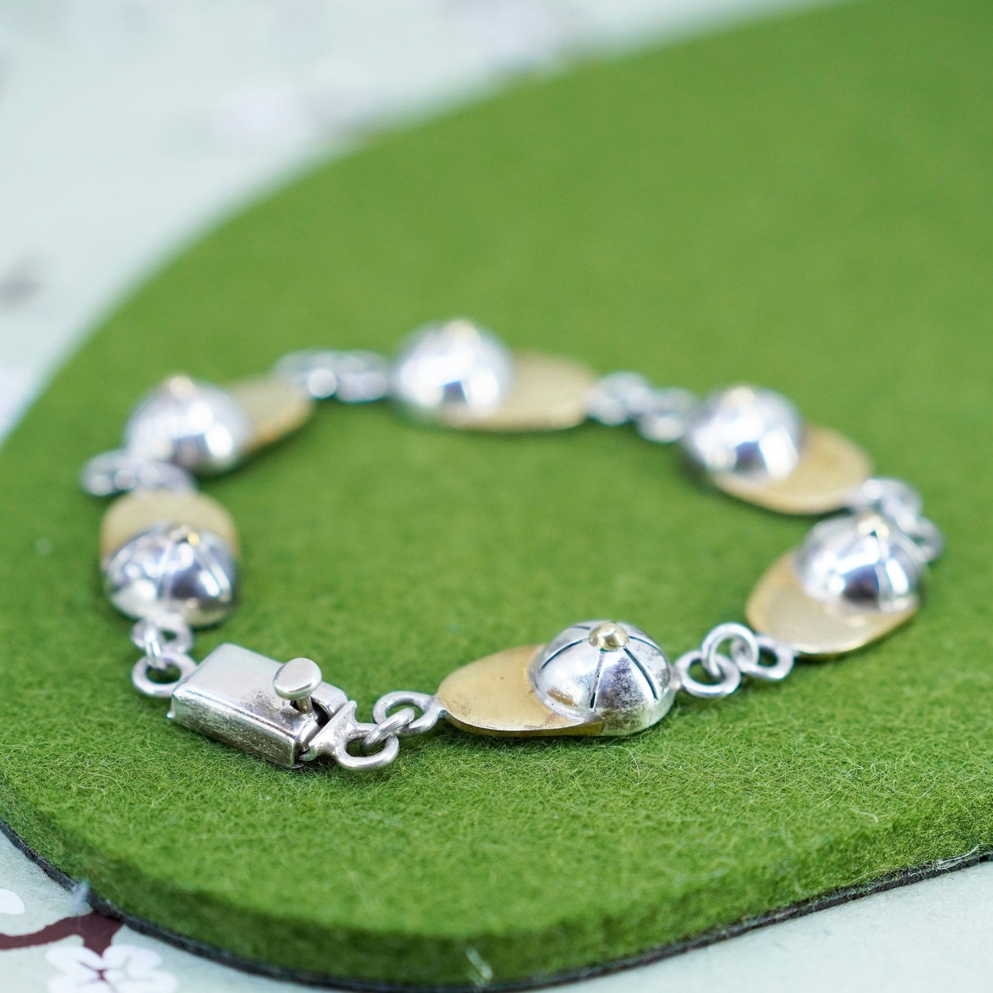 8”, vtg two tone sterling silver handmade bracelet, 925 chain baseball cap hat