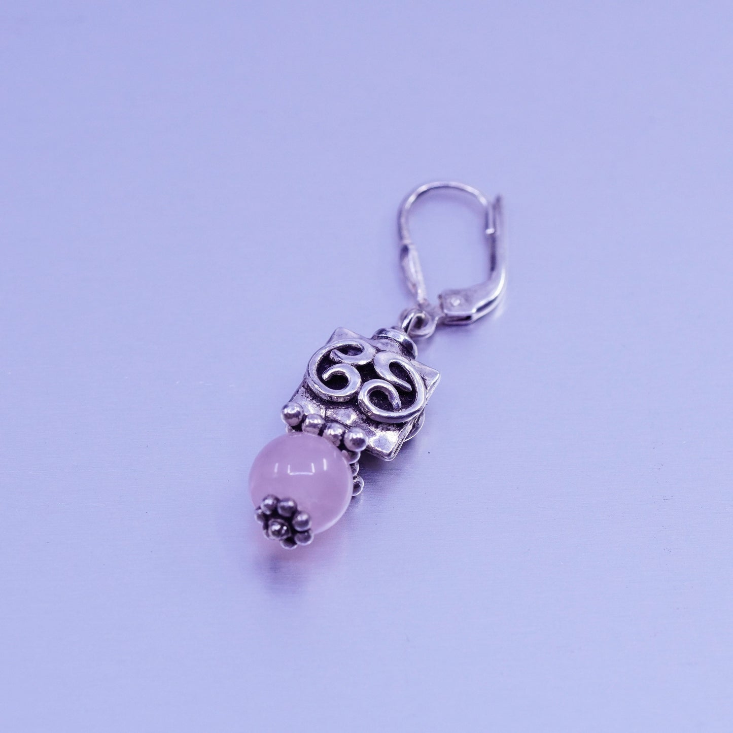 Vintage Sterling 925 silver handmade filigree earrings with pink rose quartz