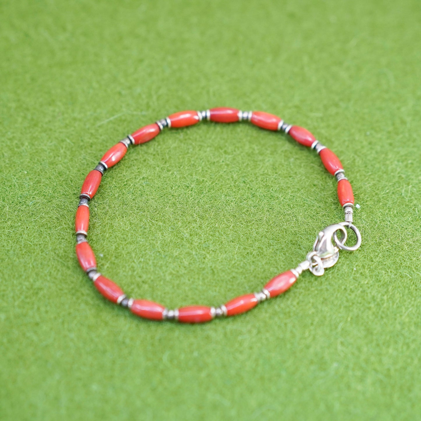 6.75”, southwestern 925 Sterling silver handmade heishi bracelet coral beads