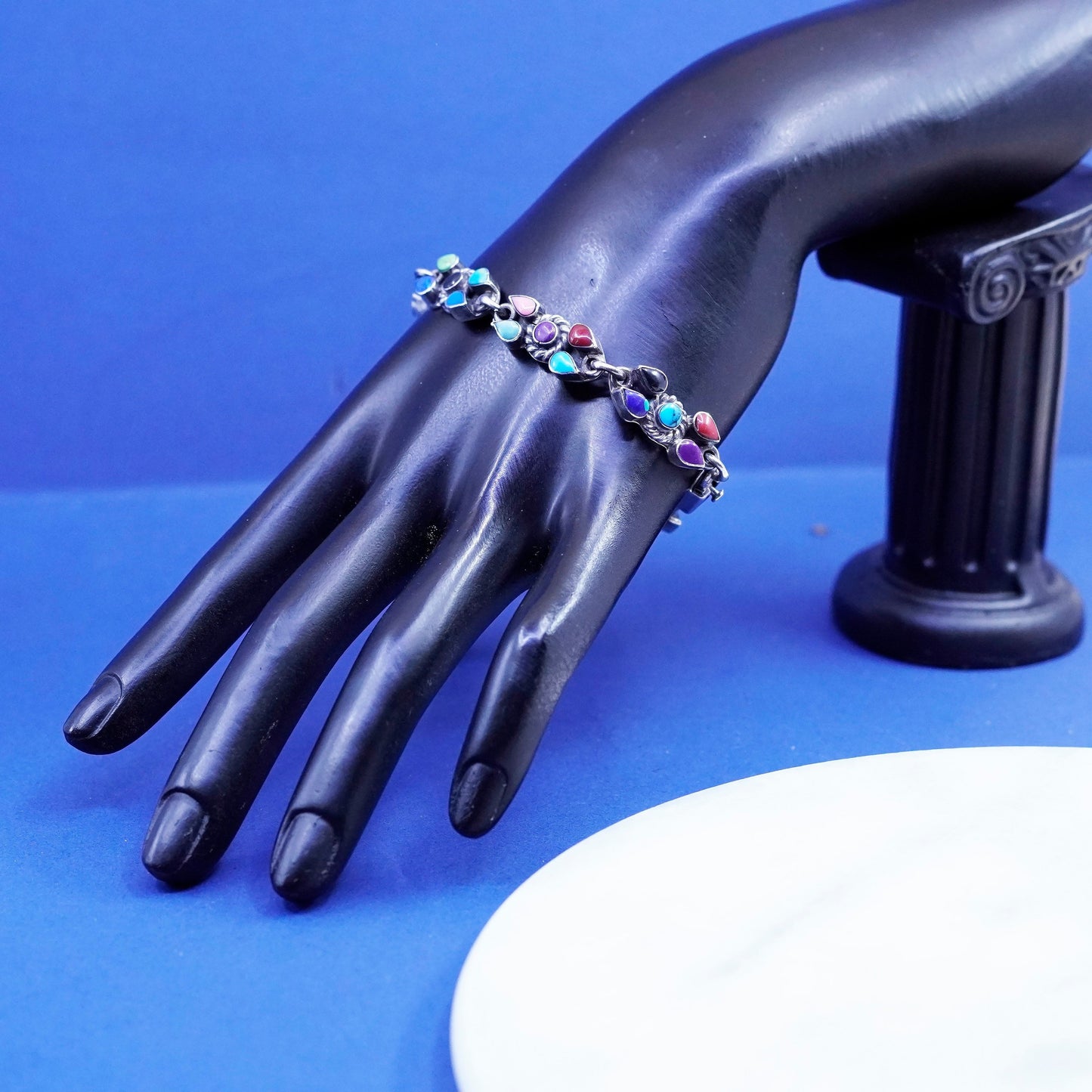 7.75”,vtg Mexico Sterling 925 silver bracelet turquoise malachite onyx lapis