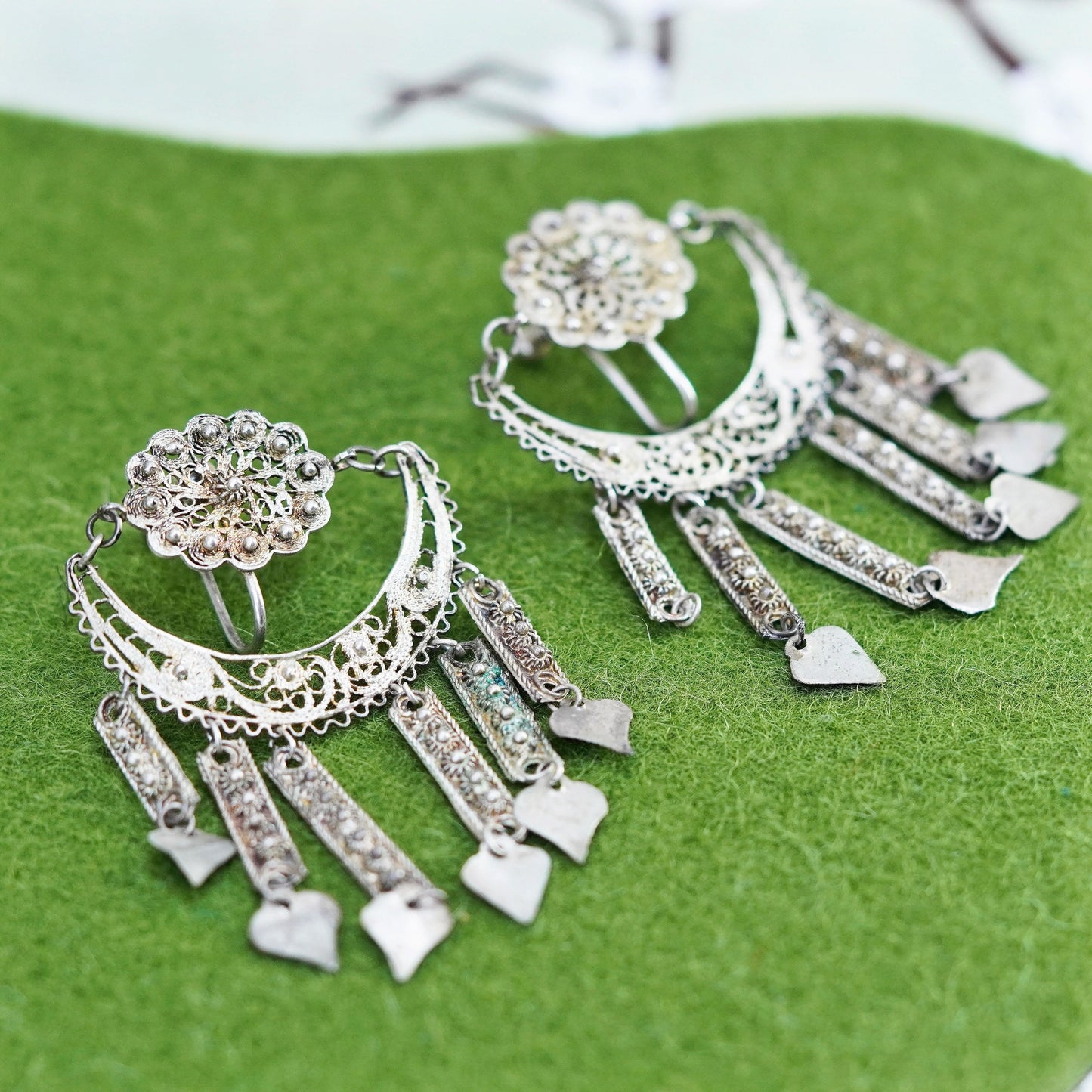 Vintage sterling silver 925 filigree fringe screw back earrings