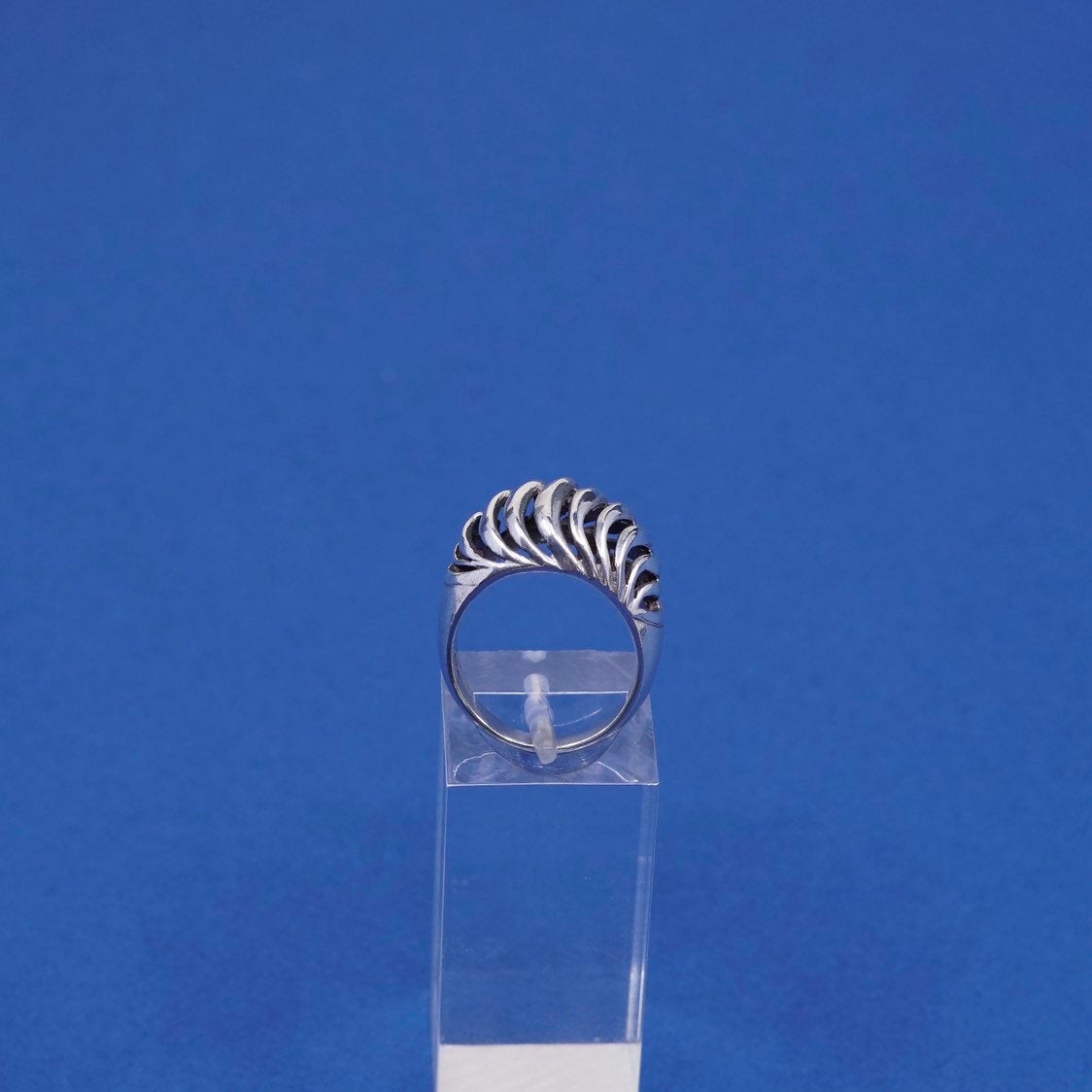 sz 4.75, vtg Sterling silver handmade ribbed ring, 925 statement ring w/ wave