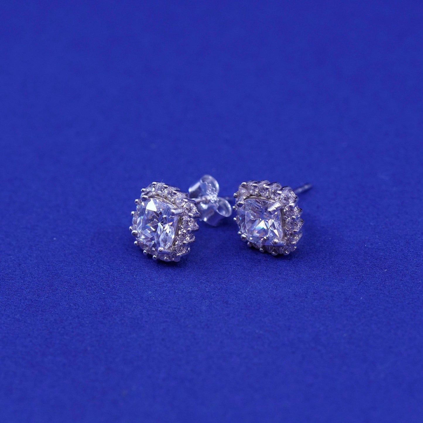 Vintage sterling silver handmade earrings, 925 studs with cluster CZ inlay