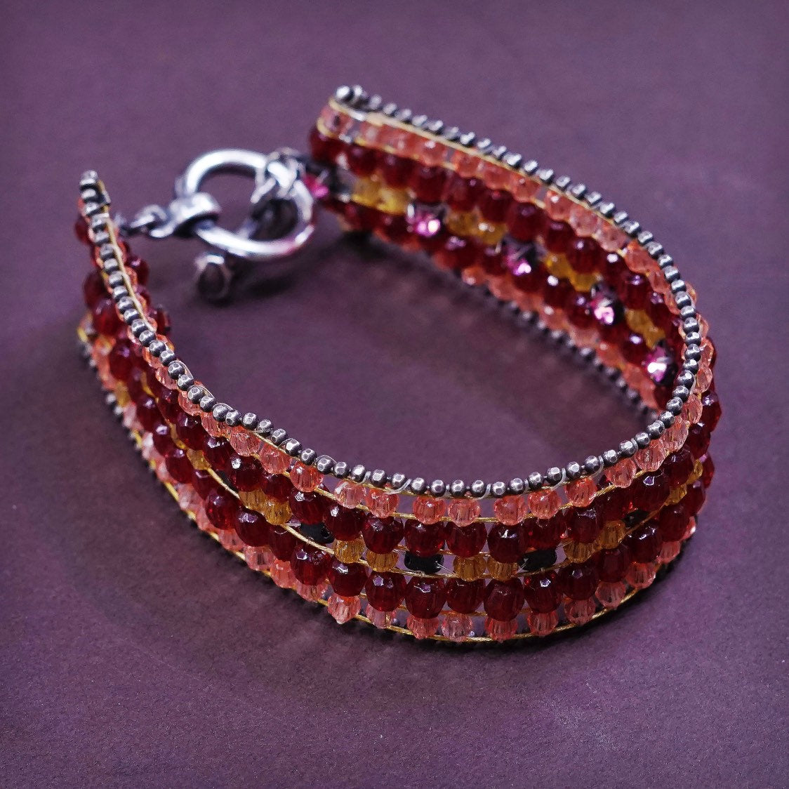 6.5", Sterling silver handmade beads bracelet, red Swarovski beads
