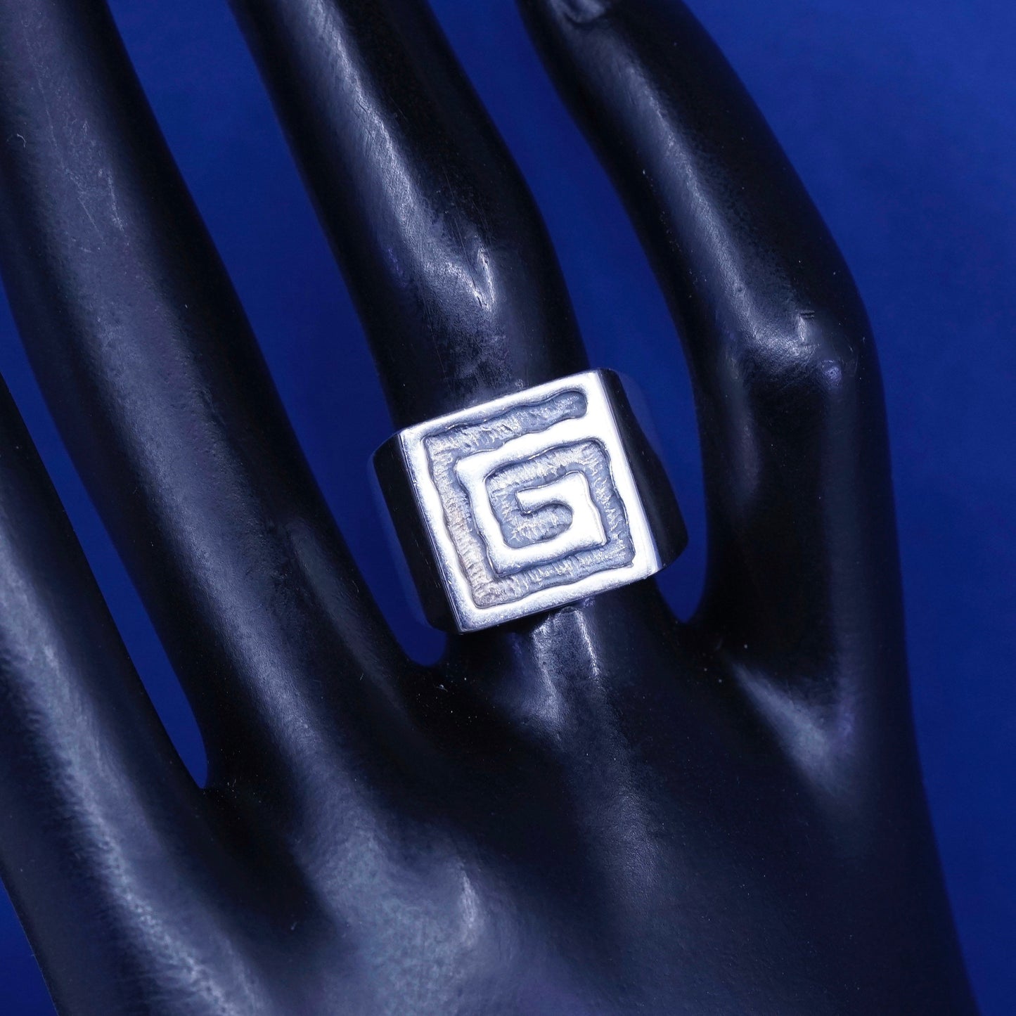 Size 7, vtg Sterling silver handmade ring, hopi 925 statement band w/ Greek key