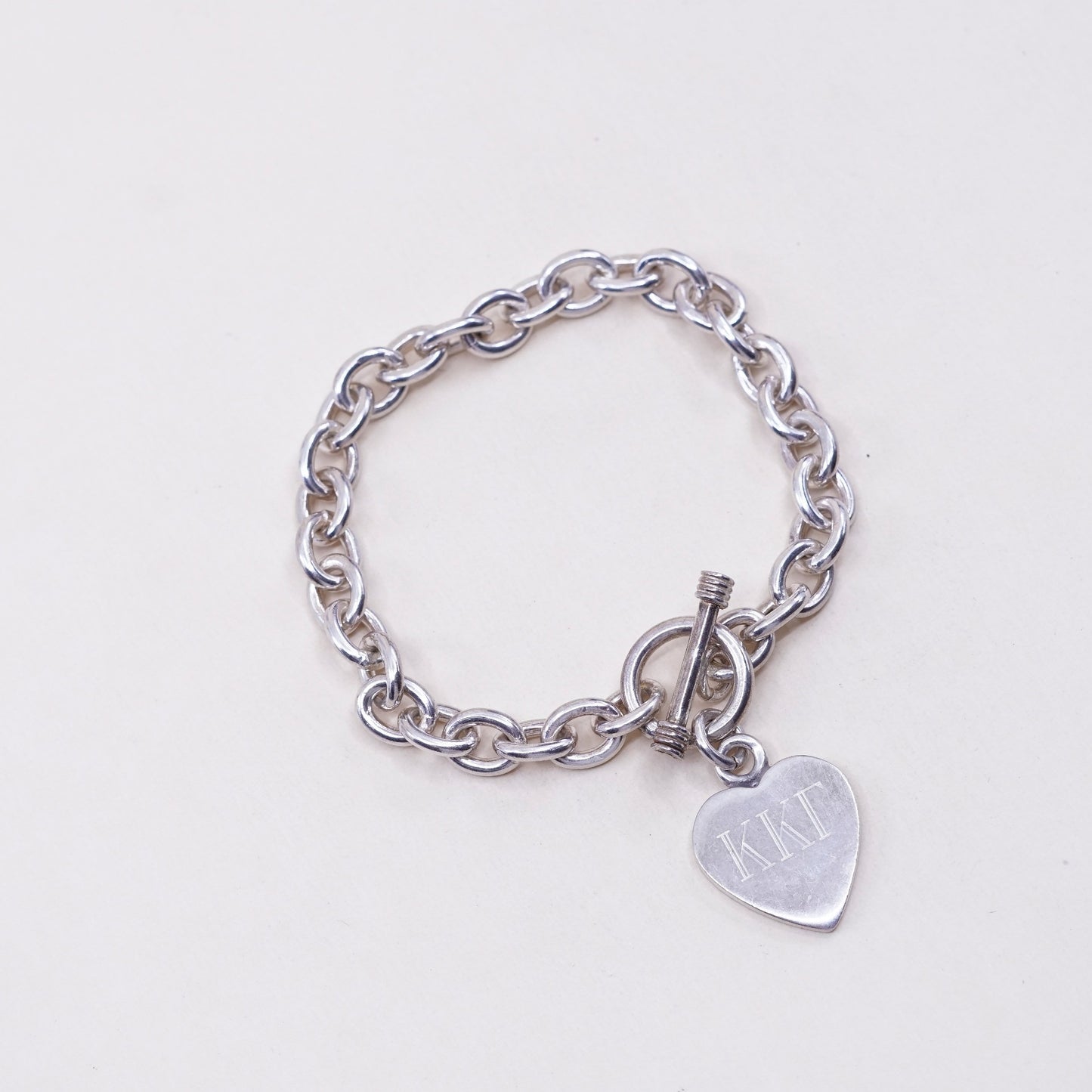 6.75”, sterling silver circle bracelet, 925 chain w/ heart charm monogram KKT