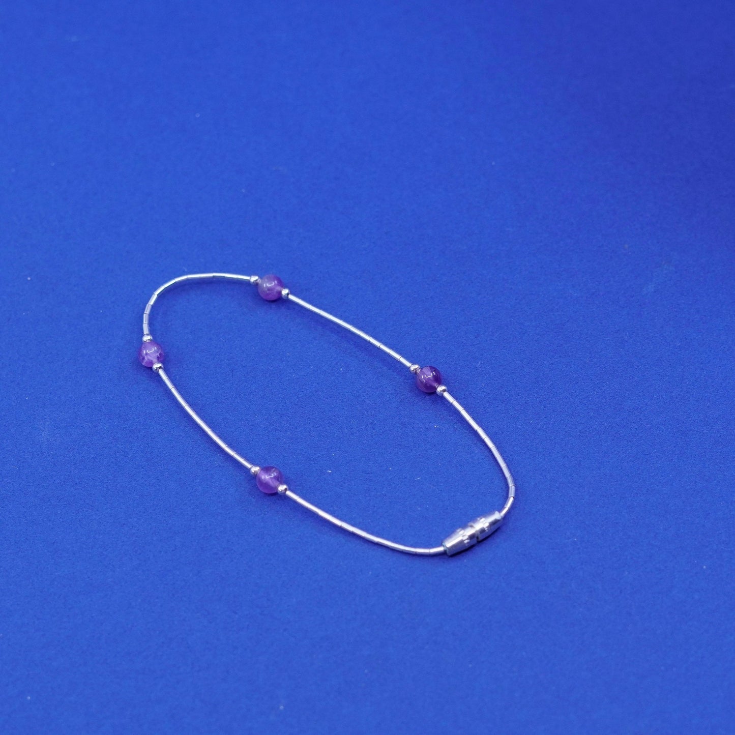 7”, vtg sterling handmade bracelet, 925 liquid silver chain w/ amethyst beads