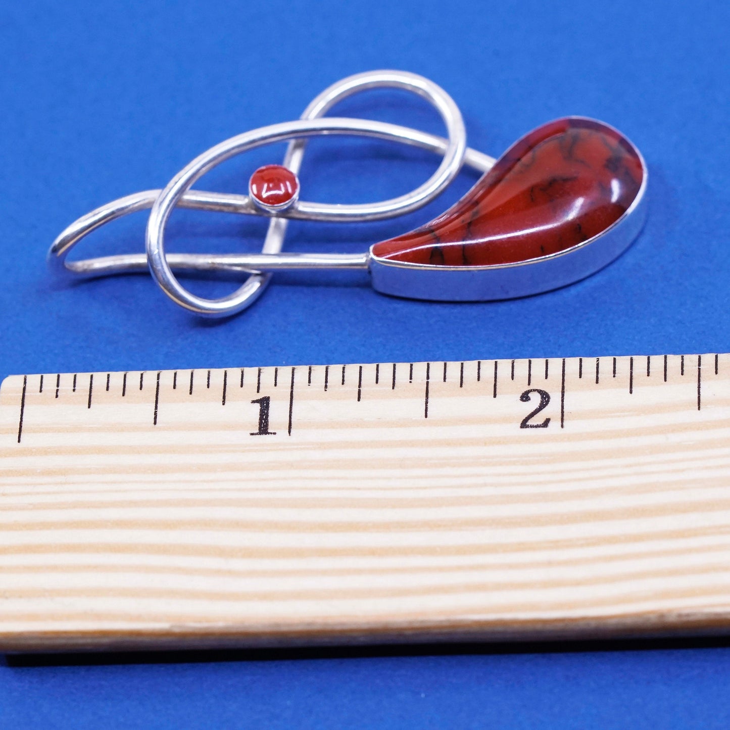 vtg mexico sterling silver handmade pendant, 950 w/ teardrop red bloodstone