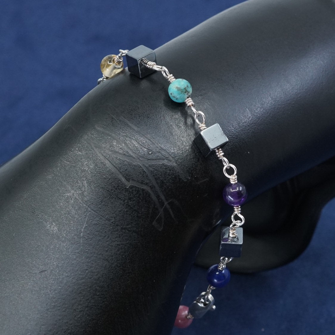 7.5", Sterling silver handmade bracelet, 925 circle chain w/ jasper N hematite