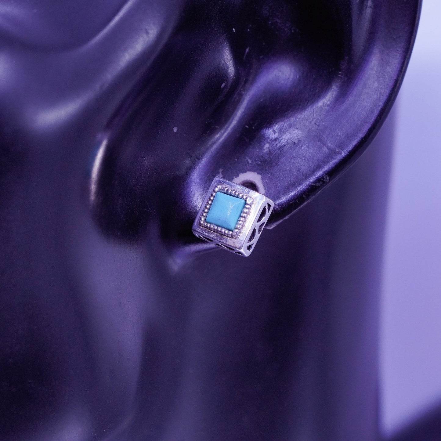 Vintage Sterling 925 silver handmade earrings, square studs with turquoise
