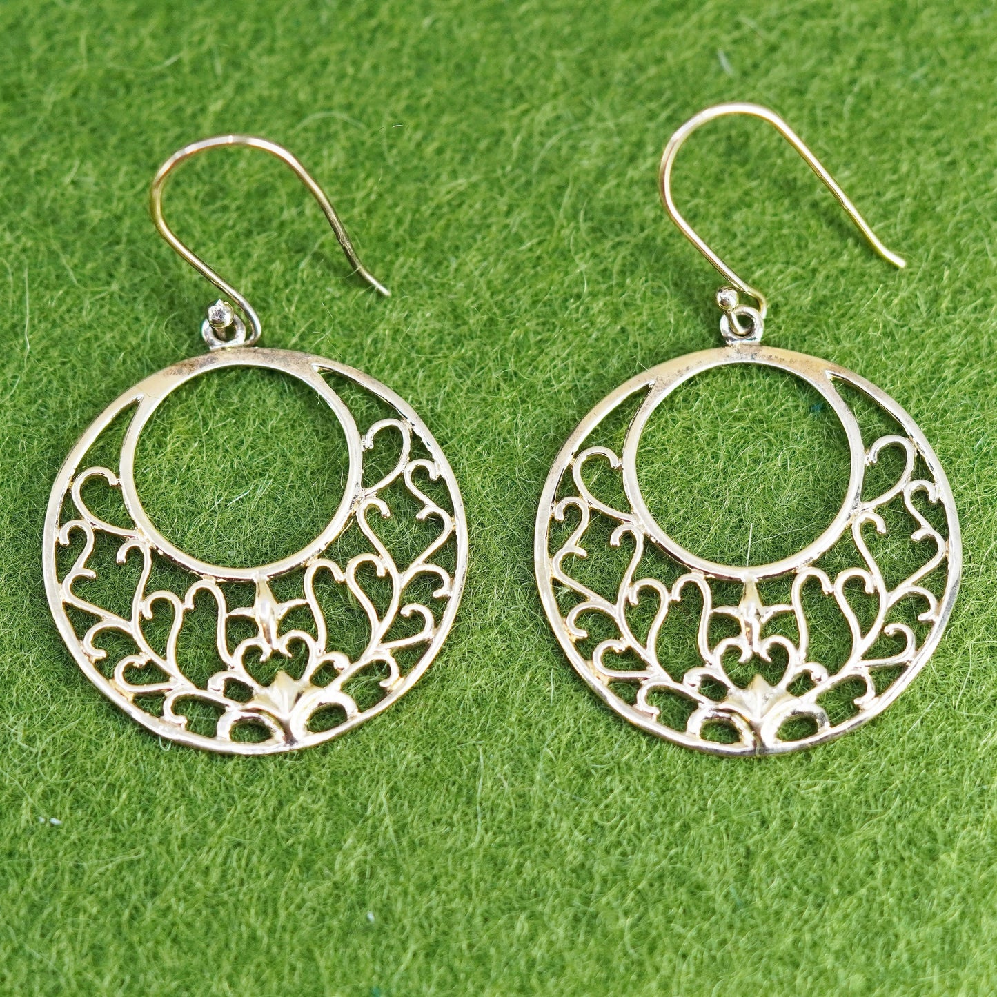 vermeil gold over Sterling silver earrings, 925 filigree circle disc dangles