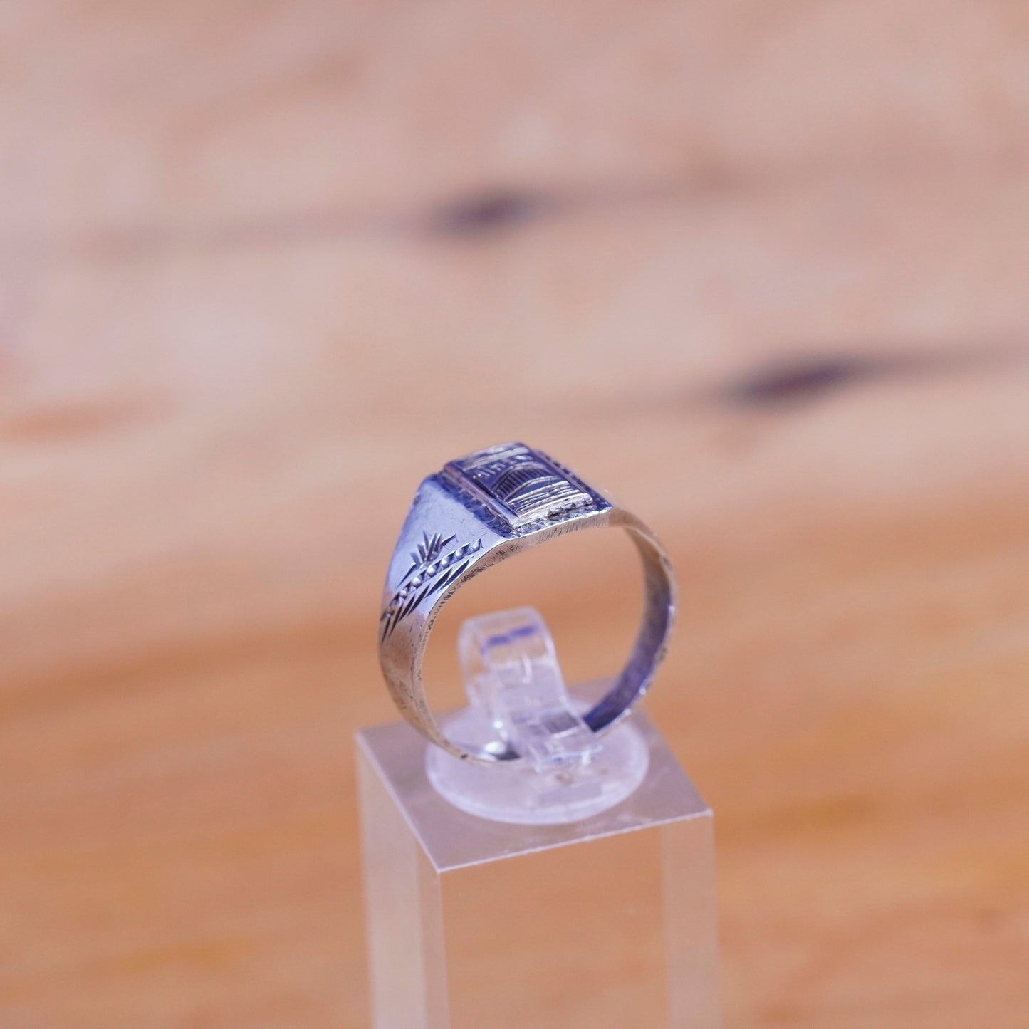 size 9, vtg Sterling silver handmade ring, statement 900 band with GF athen top