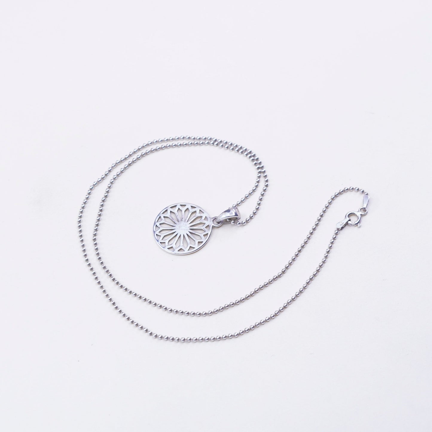 20”, Vintage Sterling 925 silver bead chain necklace filigree snowflake pendant