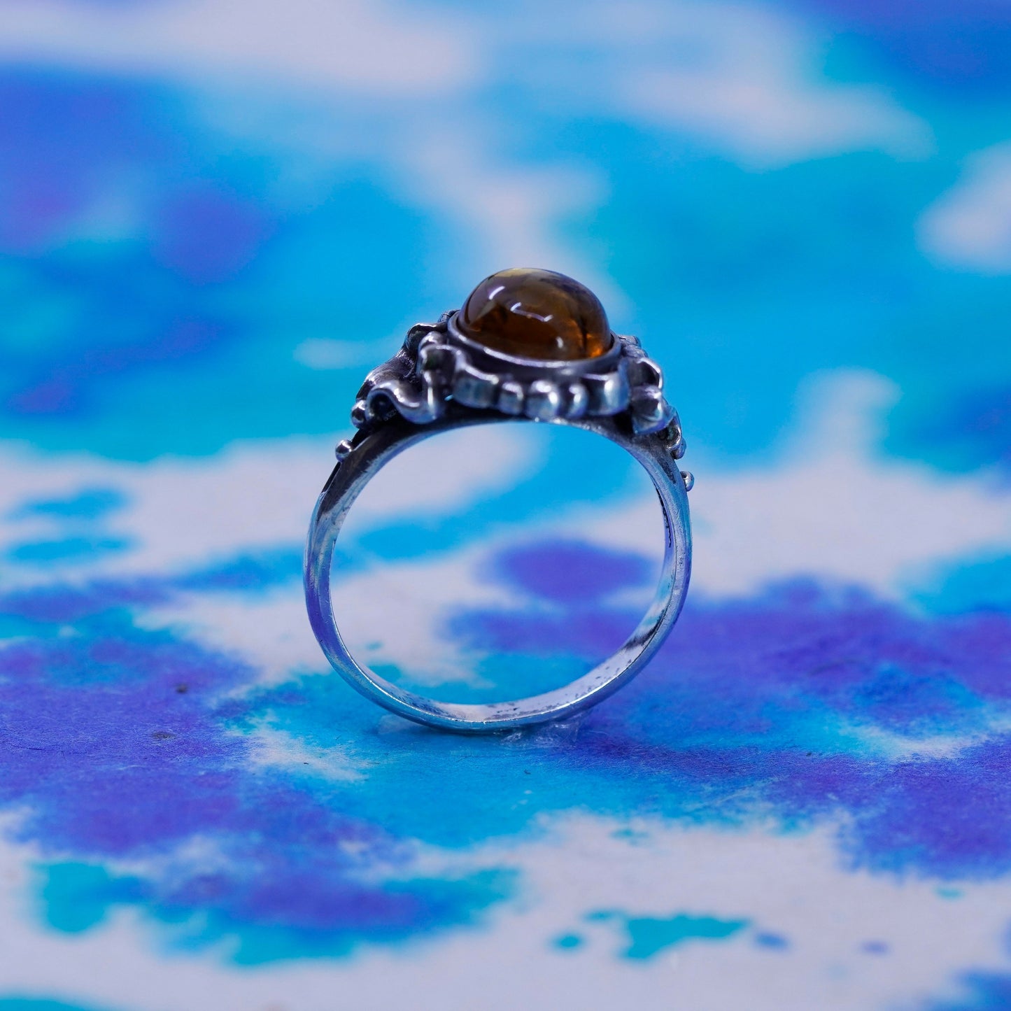 Size 7.75, vintage sterling 925 silver handmade ring with oval Amber and beads