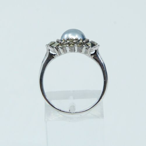 Sz 8.25, Vtg Sterling Silver Handmade Ring, 925 Silver W/ Faux pearl N Marcasite