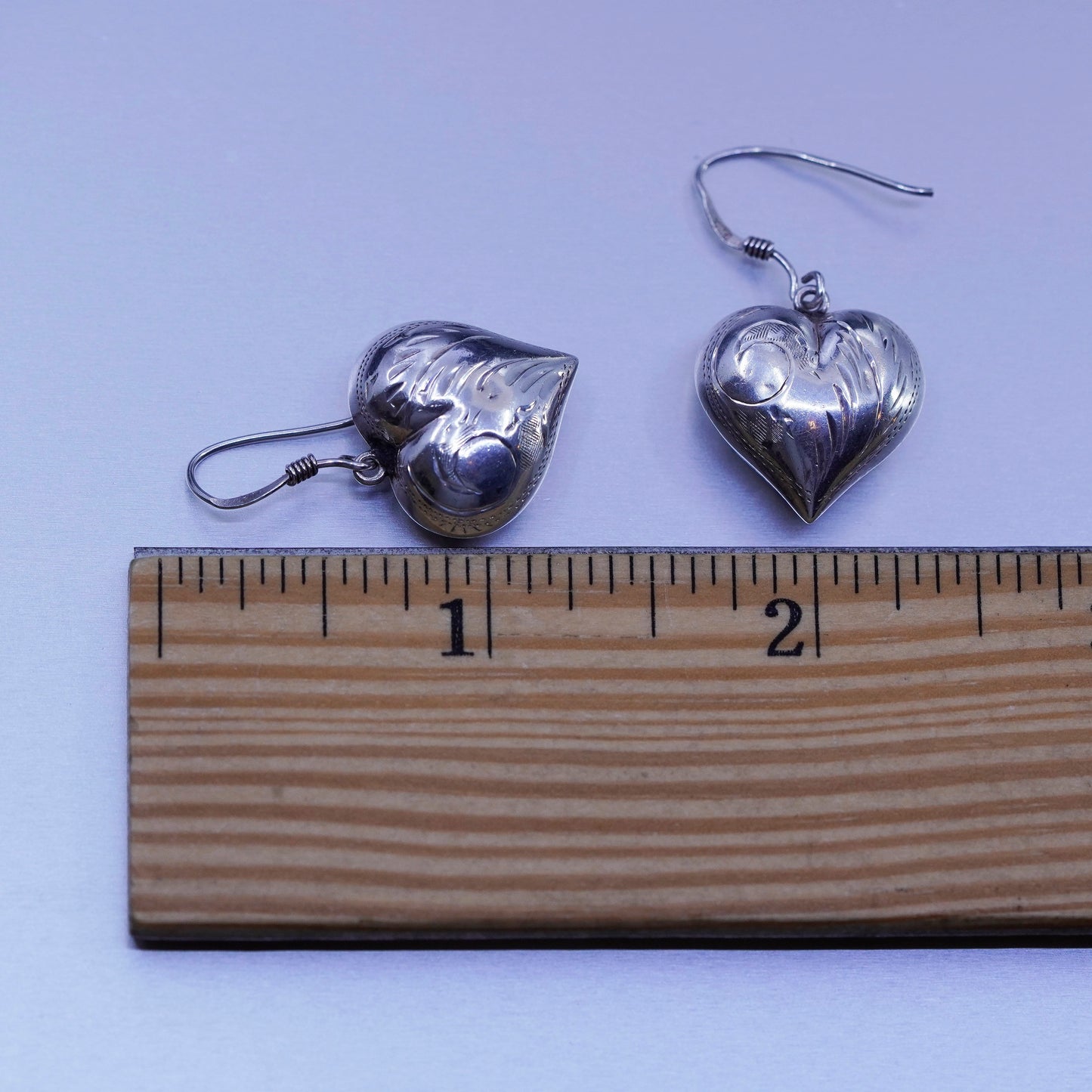 Vintage Sterling 925 silver handmade earrings with puffy textured heart dangles