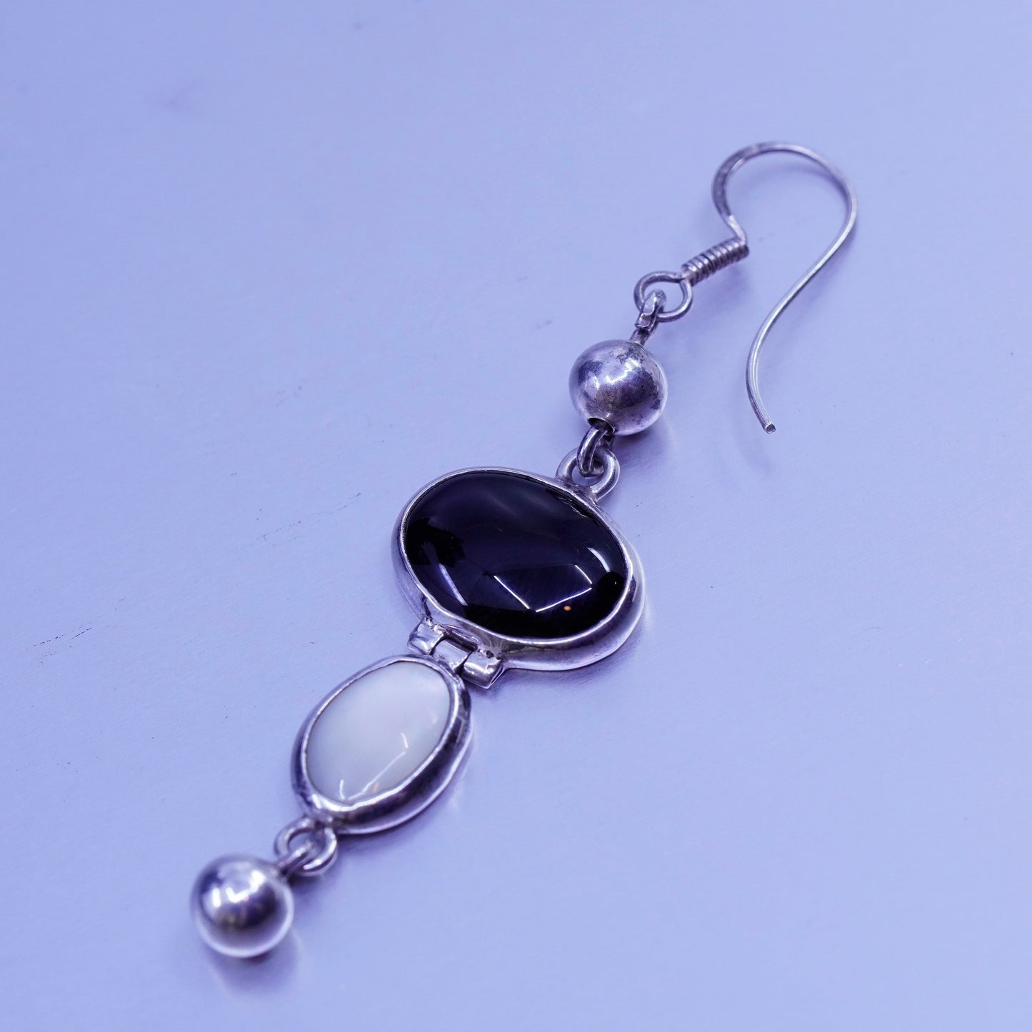 Vintage Sterling 925 silver handmade earrings w/ oval obsidian mother of pearl