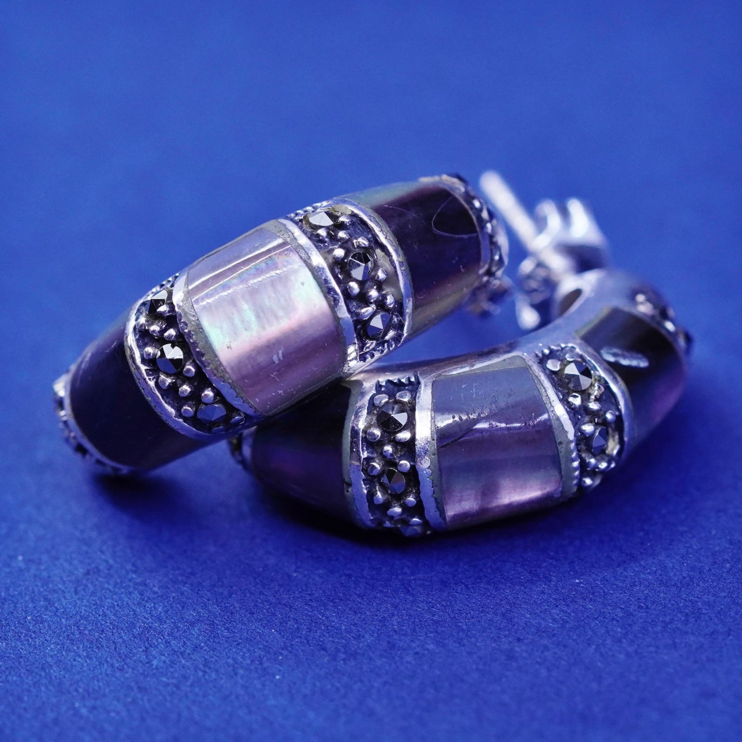 0.75”, Sterling silver handmade earrings, 925 hoops with marcasite and abalone