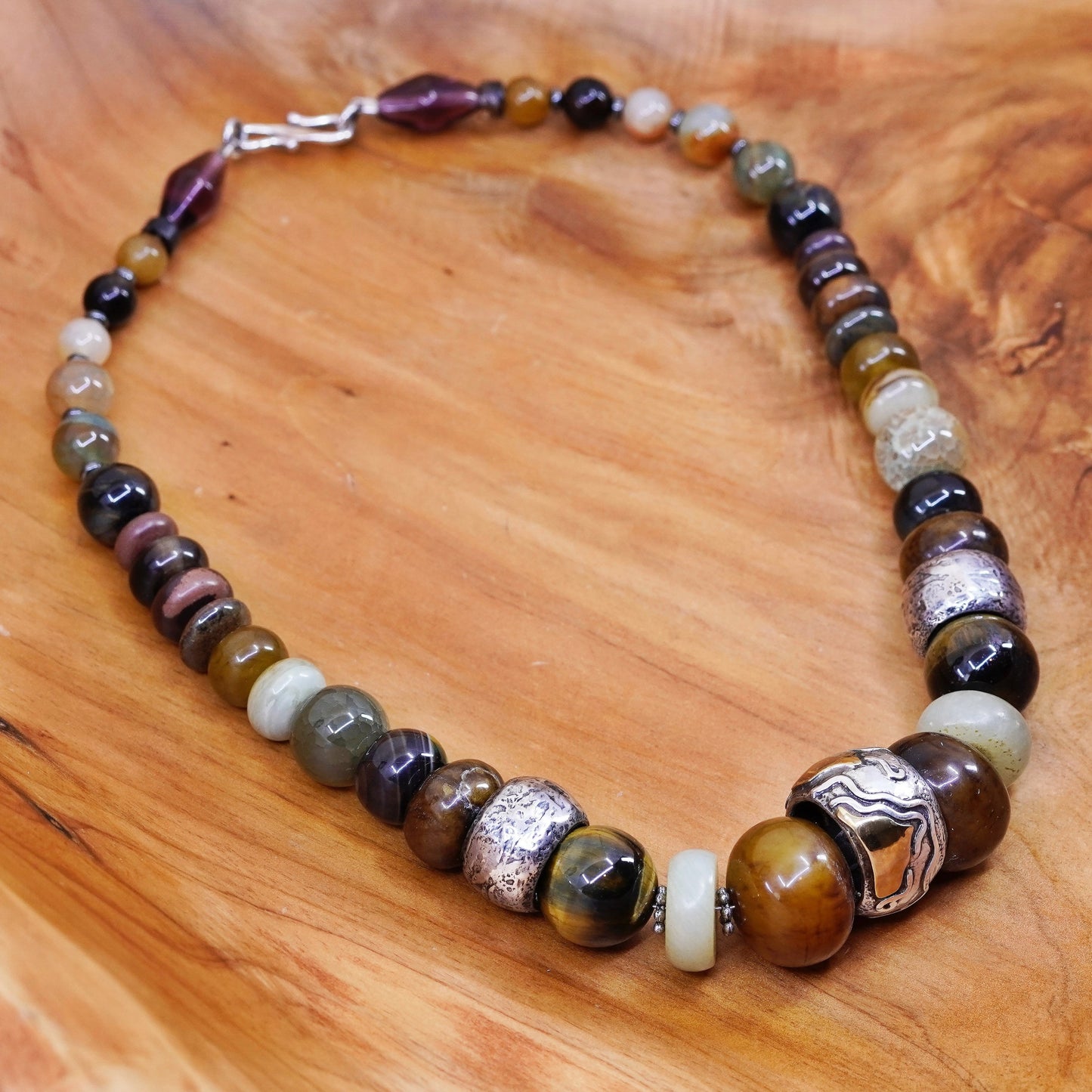 18”, vintage handmade necklace, genuine golden tiger eye, agate jade beads