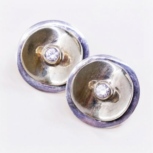 Vtg Modern Two Tone Sterling Silver Handmade Earrings, 925 Studs W/ Cz