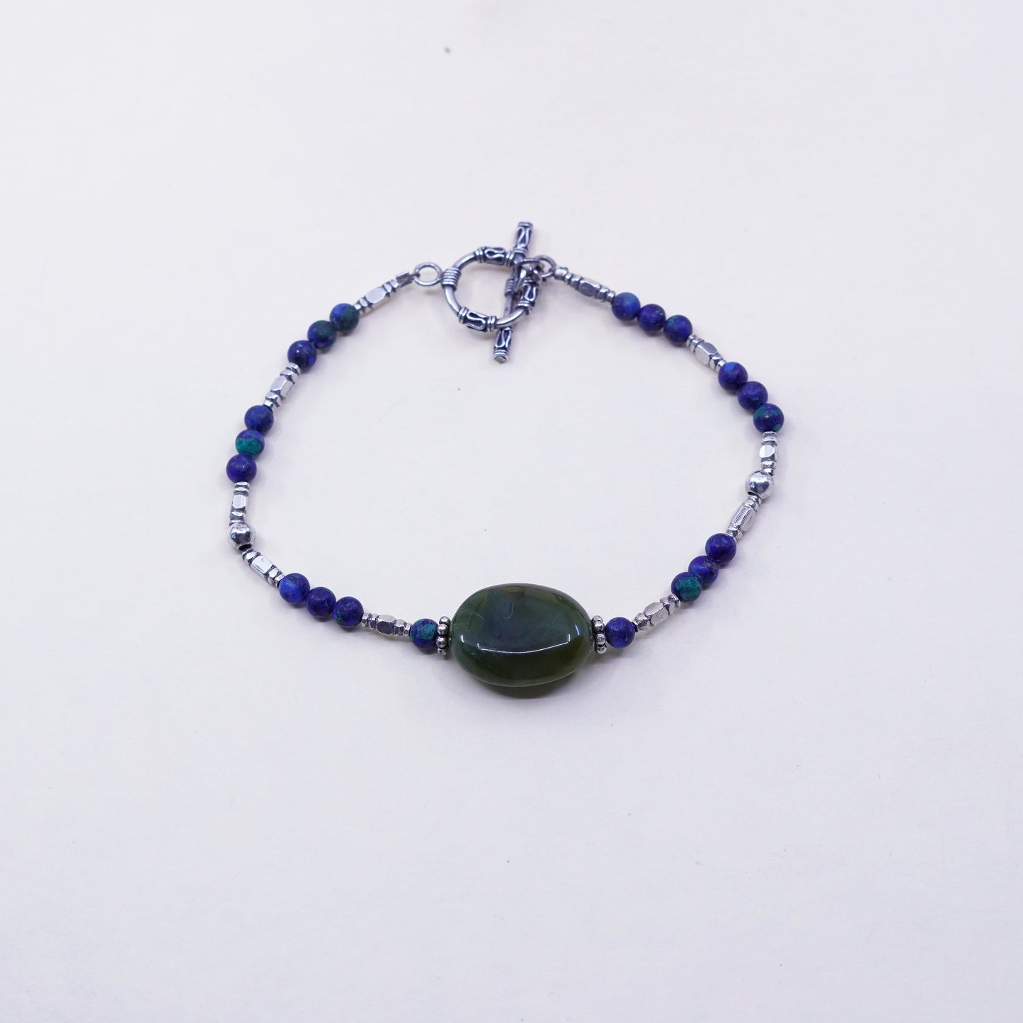 7.75”, vtg handmade bracelet, azurite malachite beads chain sterling 925 silver