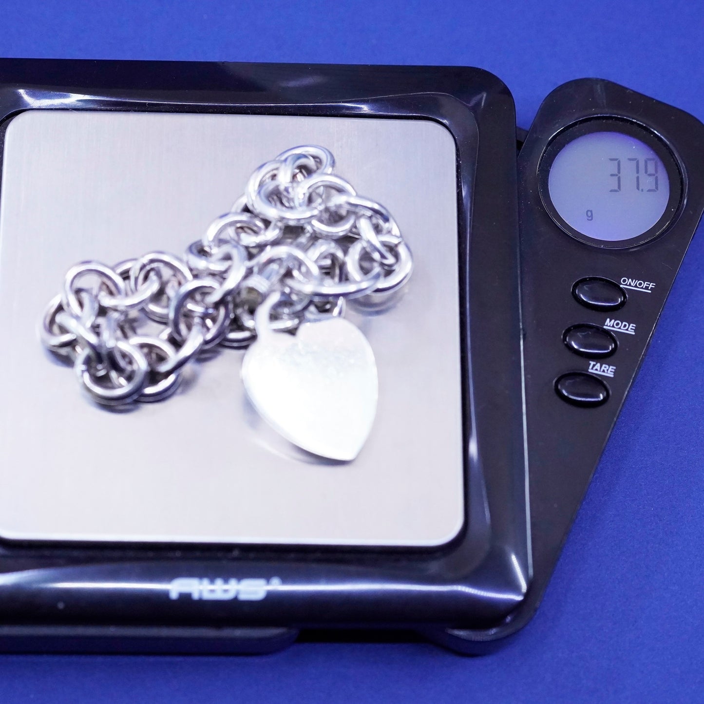 6.25”, Sterling silver handmade bracelet, 925 bold circle chain heart tag charm