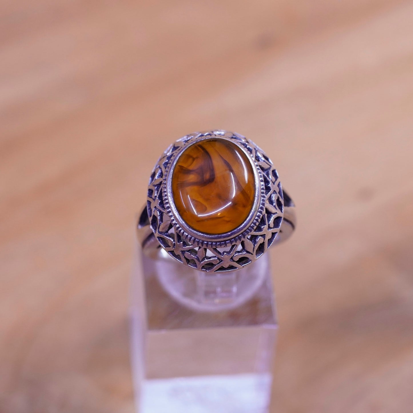 Size 6.25, vintage Sterling 925 silver handmade filigree ring with oval Amber