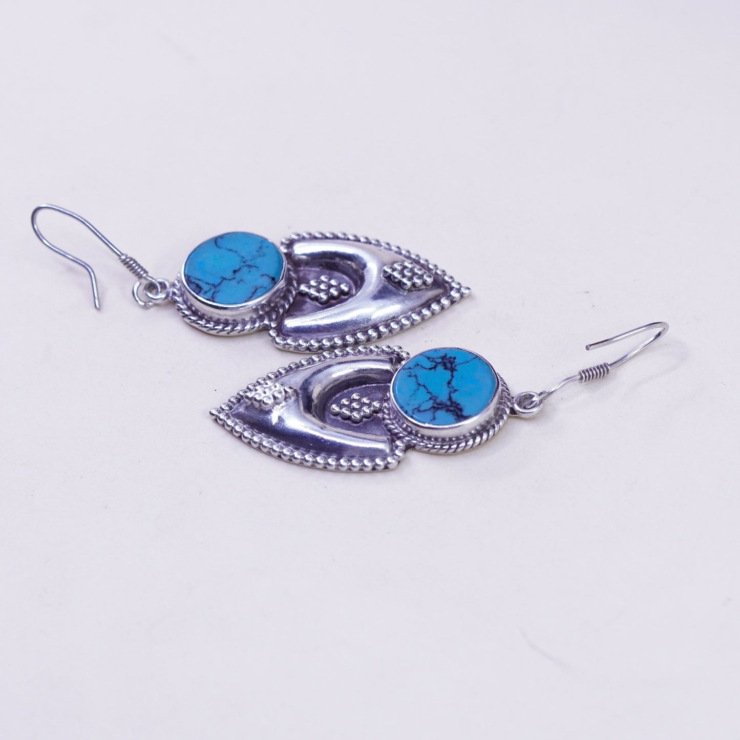 Vintage Sterling 925 silver handmade earrings, with round turquoise and beads
