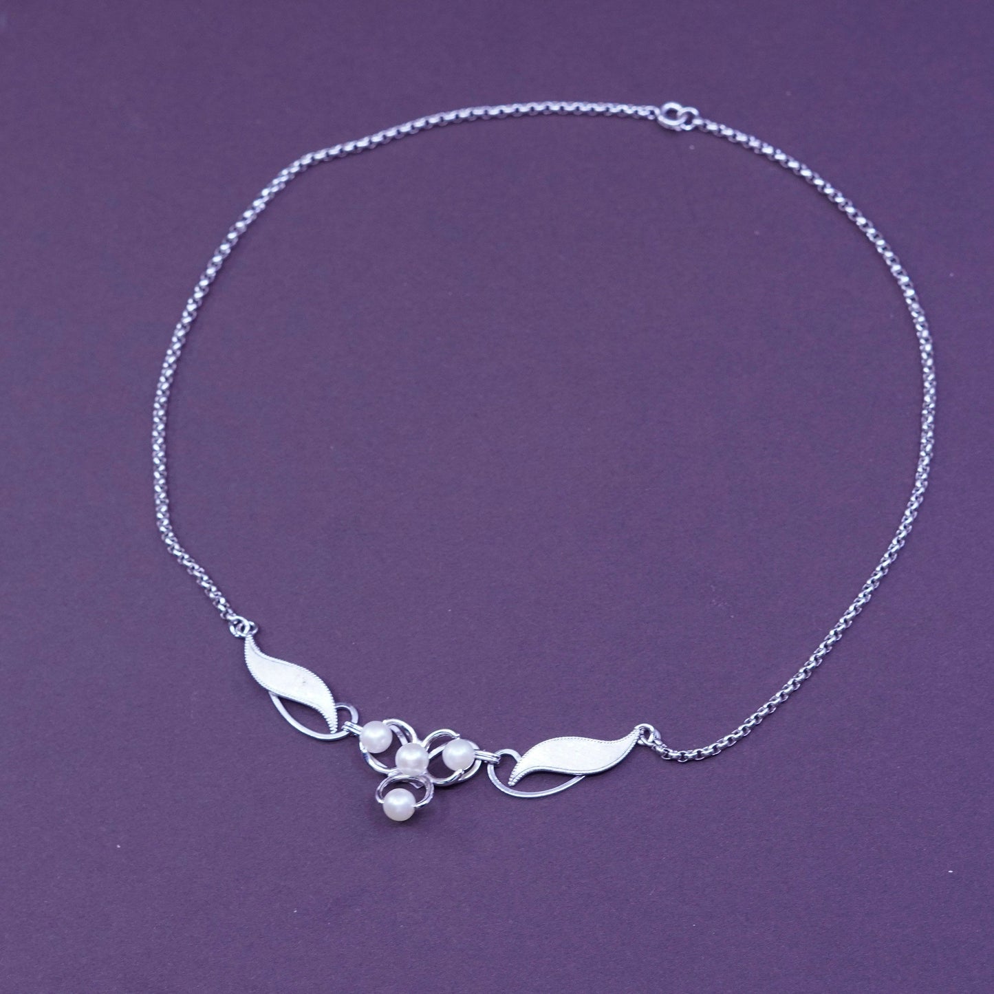 16”, Vintage sterling silver nugget link chain necklace leaf pendant and pearls