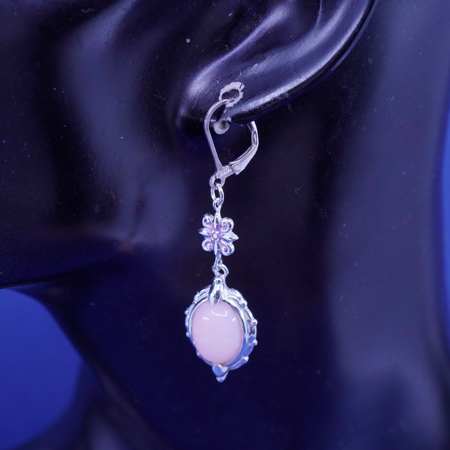 Vintage BBJ Sterling 925 silver handmade earrings with rose quartz and flower