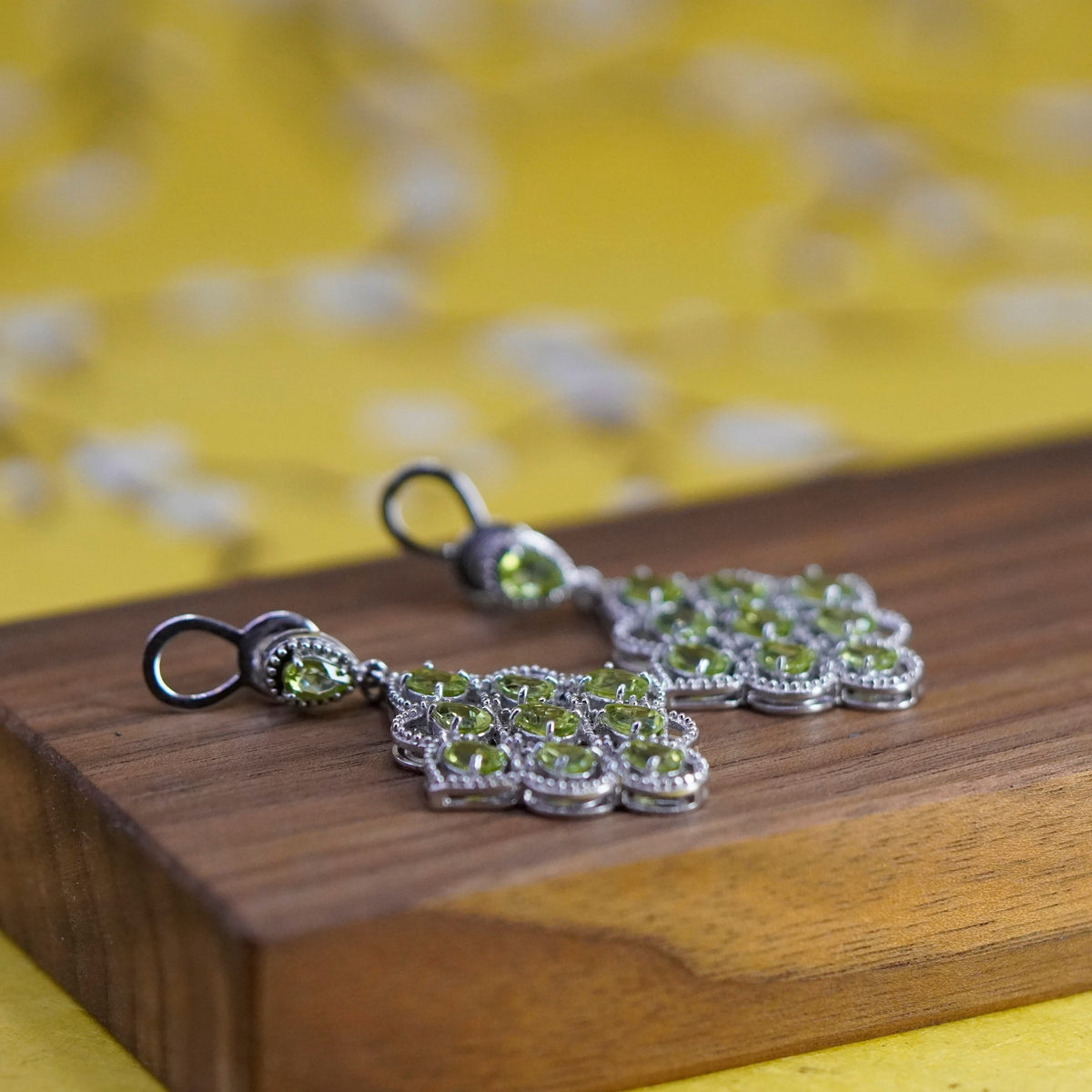 Vintage designer Sterling 925 silver handmade earrings cluster peridot diamond