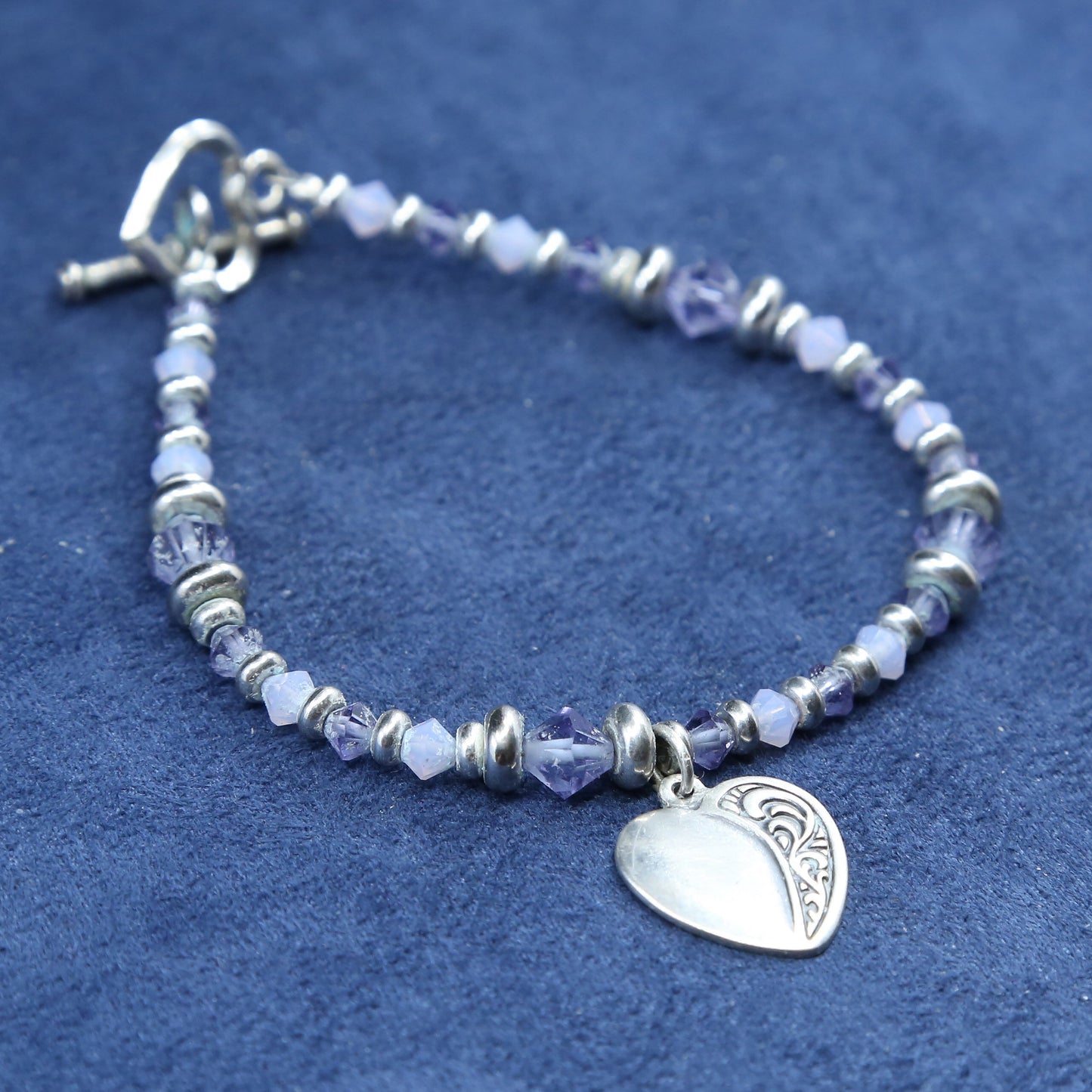 7", Sterling silver handmade bracelet, 925 crystal chain w/ heart tag pendant
