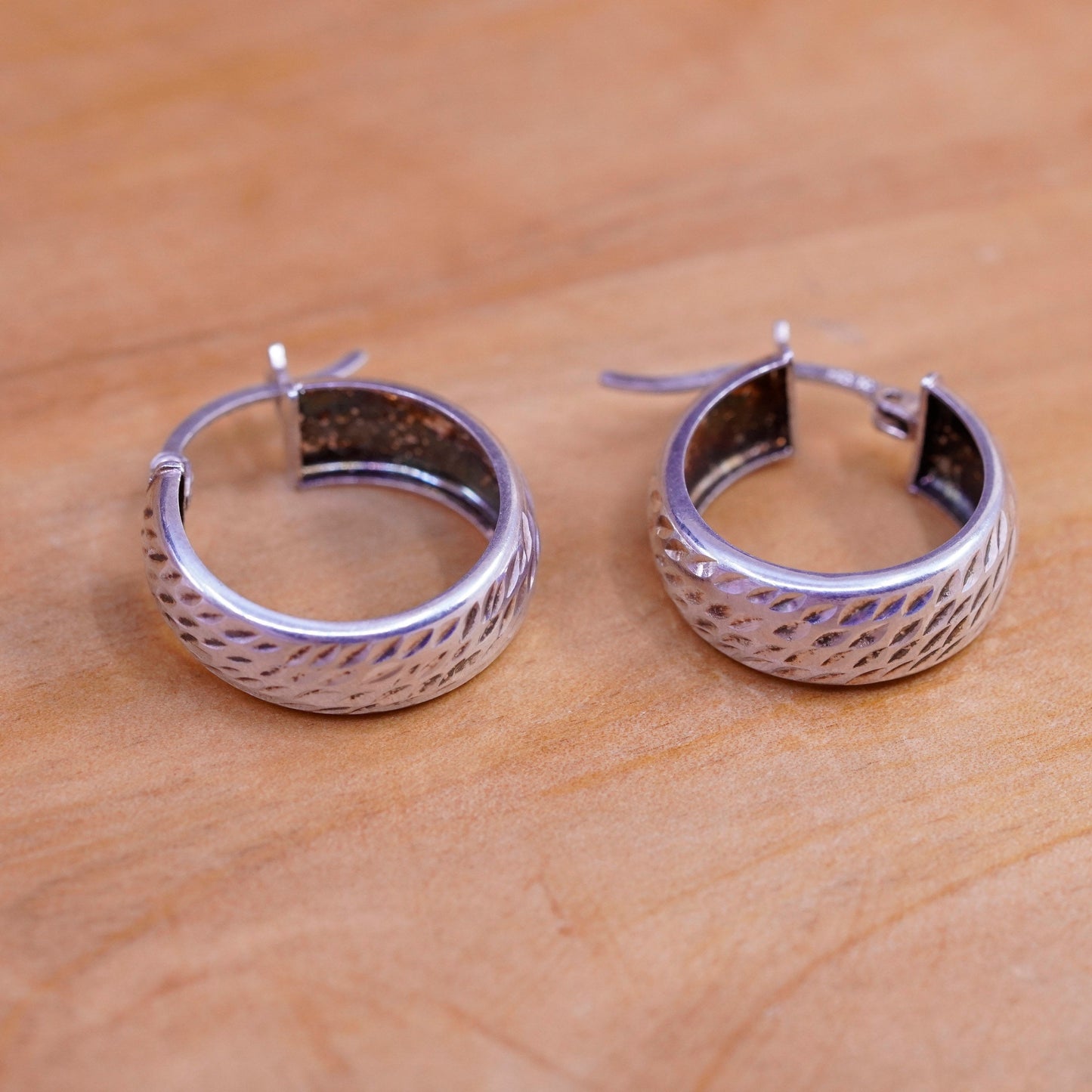 0.75”, Vintage Sterling silver handmade earrings, 925 textured hoops