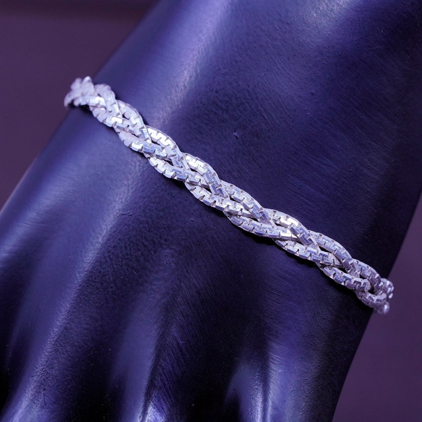 7.25”, Sterling silver braided woven herringbone bracelet 3 strand 925 bracelet
